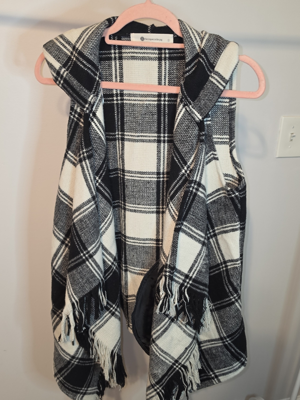 The Impeccable Pig Black & White Plaid Hooded Fringe Vest